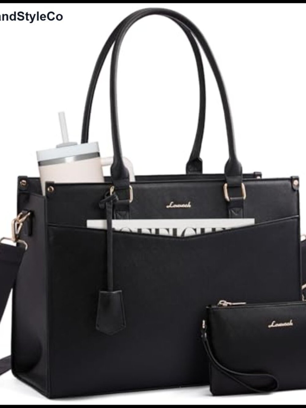 Faux Leather Waterproof Laptop Tote Bag for Women with Removable Clutch 15.6